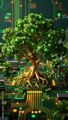 Digital Tree Growing from Circuit Board Futuristic Tech Concept