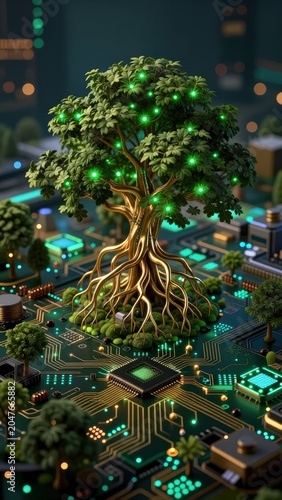 Futuristic Tree Growing from Circuit Board Digital Nature Concept