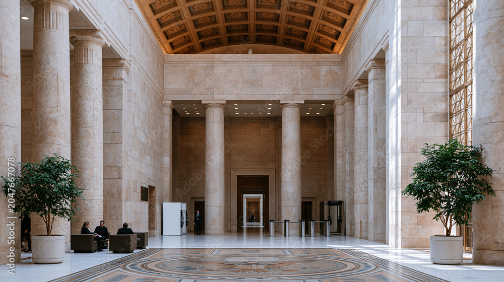 Fototapeta premium Federal courthouse rotunda echoes with footsteps of departing jury through soaring coffered ceiling, attorneys consulting near carved marble columns, security screening equipment