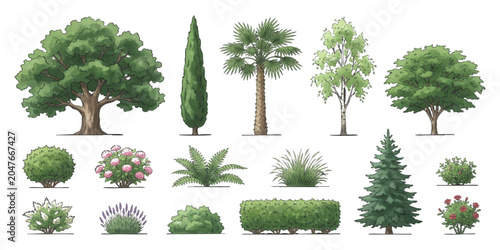 Canvastavla Set of various green trees and bushes including palm pine cypress oak and garden