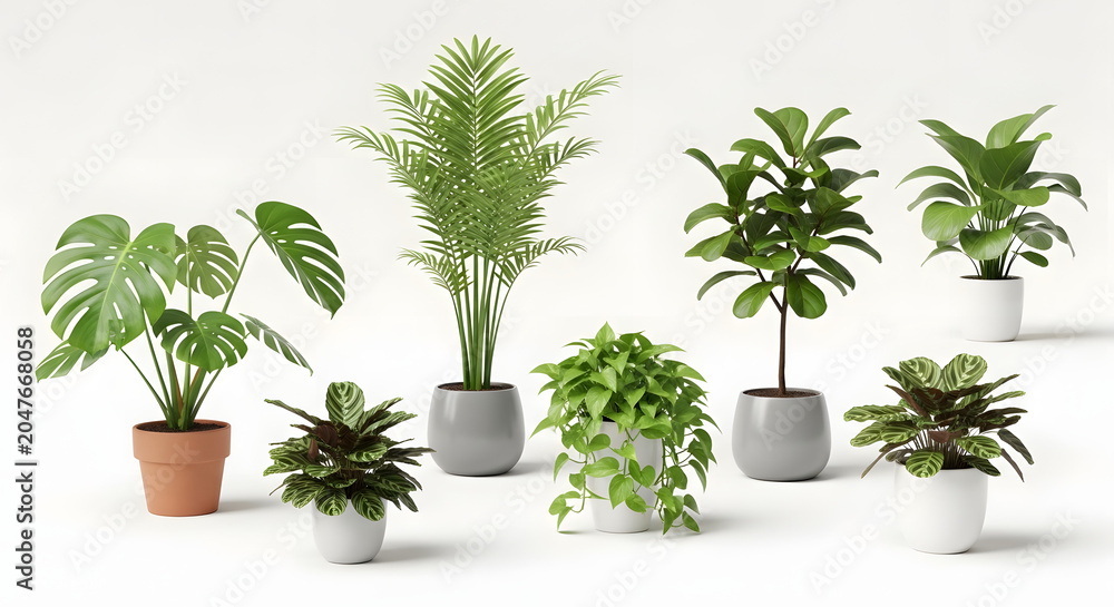 Fototapeta premium Collection of Potted Houseplants: A curated selection of diverse indoor plants, including a Monstera, a palm, and a Fiddle Leaf Fig, displayed in various stylish pots.