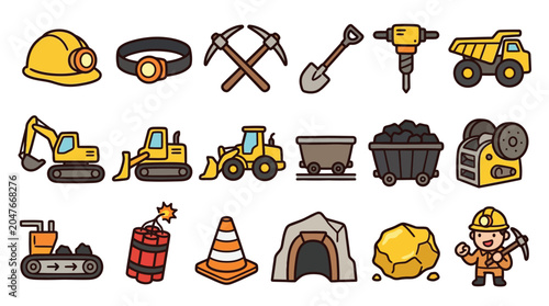 Foto Collection of cartoon mining equipment and symbols, including helmets, tools, vehicles, and raw materials