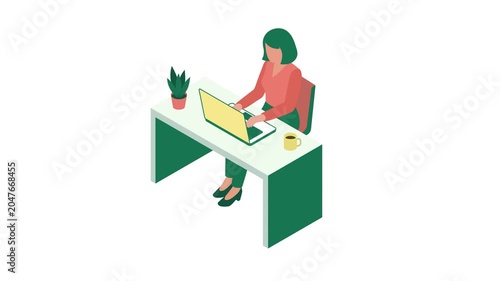4K Loop Animation of Modern Businesswoman or Female Freelancer Working on Laptop at Desk, Flat Vector Style Corporate Graphic.