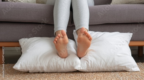Ways to tackle ankle swelling. Feet resting on white pillows on a carpet in front of a gray sofa with legs in gray leggings visible.