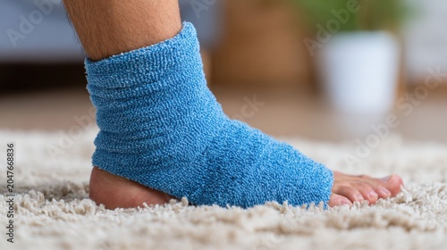 Ways to tackle ankle swelling. Close-up of a foot wearing a blue knitted ankle support on a soft carpet indoors.
