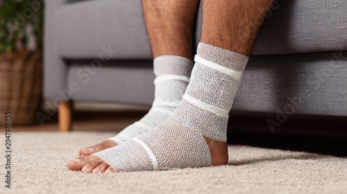 Ways to tackle ankle swelling. Person wearing ankle support braces while resting feet on a carpeted floor near a sofa.