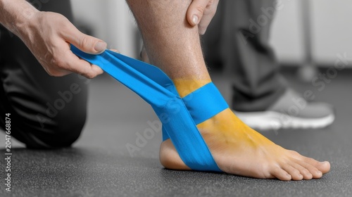 Ways to tackle ankle swelling. Person applying blue kinesiology tape to ankle for injury support and pain relief.