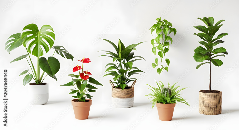 Fototapeta premium Assortment of Potted Houseplants: A curated collection of diverse indoor plants, including a Monstera deliciosa, Anthurium, Areca palm, and Fiddle-leaf fig, showcased in various stylish pots.