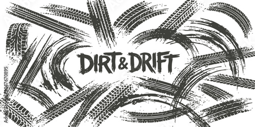 Foto Black tire tracks and skid marks pattern with dirt and drift text design for ral