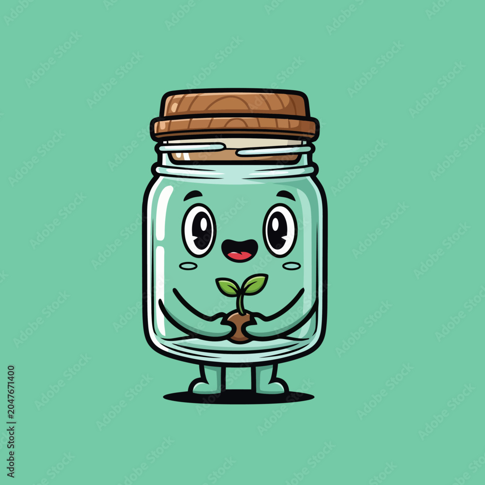 Fototapeta premium Cute cartoon jar character holding a small plant sprout.