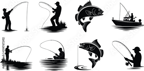 Fotografija Collection of fishing silhouette illustrations showing anglers, boats, and fish