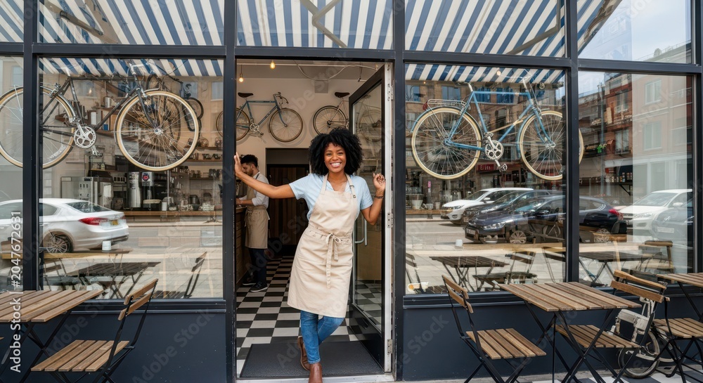 Fototapeta premium Smiling African American Female Small Business Owner Standing in the Doorway of Her Modern Cafe and Bicycle Shop