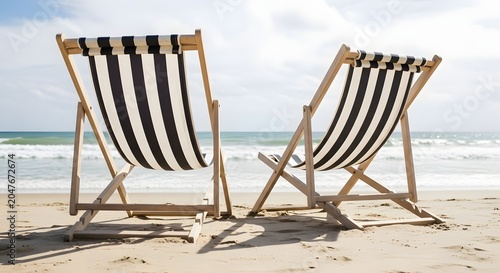 Two inviting black and white striped deck chairs await on a pristine sandy beach, offering a serene escape by the glistening ocean waves under a bright summer sky, symbolizing a perfect vacation