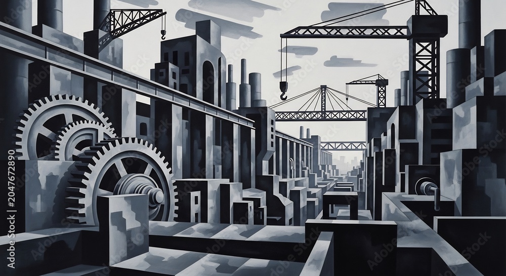 Fototapeta premium Monochromatic Industrial Landscape with Gears and Cranes.