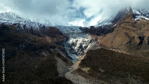 Aerial Descent Revealing Birendra Lake and Manaslu Glacier in the Nepal Himalayas