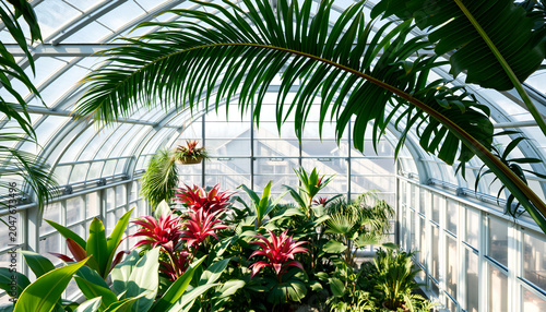 Glass greenhouse filled with tropical plants