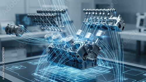 Detailed 3D Rendering of Engine Parts with Digital Elements in Modern Workshop Setting