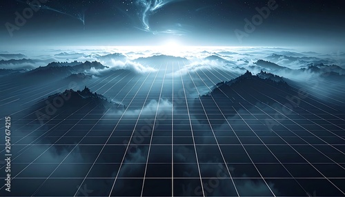Futuristic grid landscape with glowing horizon.