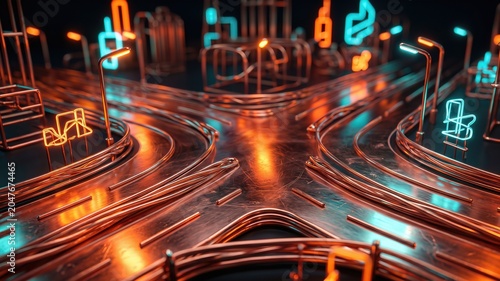 Abstract 3D Render of Urban Street Intersection with Neon Elements and Copper Lines