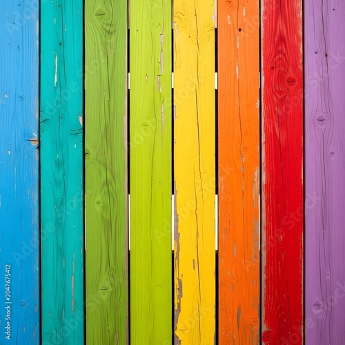 Wooden planks painted in vibrant rainbow colors create a rustic and weathered textured background surface.