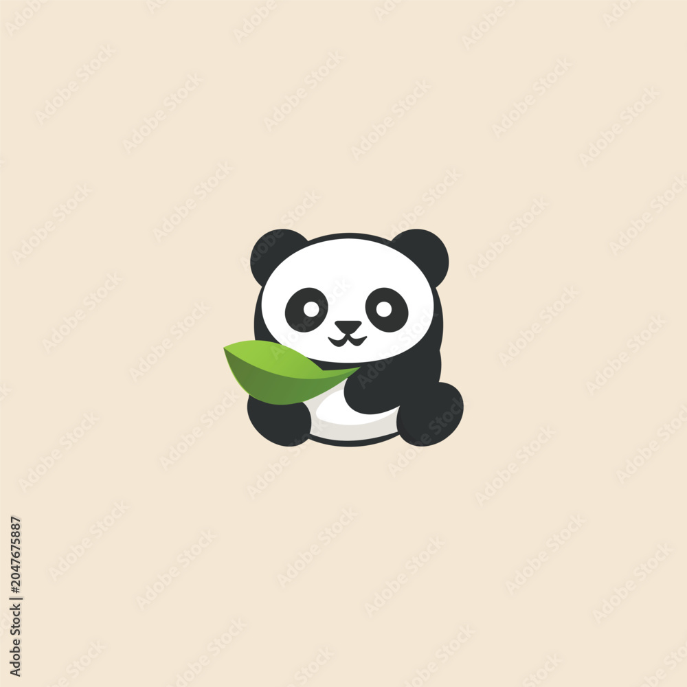 Naklejka premium Cute Minimalist Panda with Green Leaf Vector Illustration