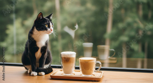 Curious Black and White Cat Sitting Beside Hot Coffee Cups on Wooden Table by Window