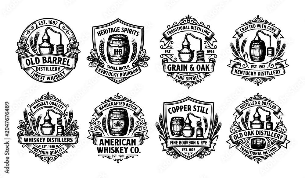 Fototapeta premium Vintage distillery logo vector with whiskey barrel and heritage emblem design