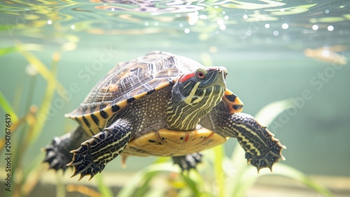 Red Eared Slider Turtle Swimming Underwater in Clear Water
