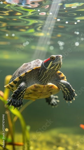 Red Eared Slider Turtle Swimming Underwater in Clear Water aquatic