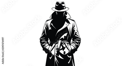 Fotografie Mysterious Figure in Trench Coat and Fedora Hat.