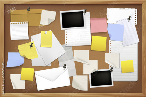 Tableau sur toile Realistic paper memo notes pinned to cork board