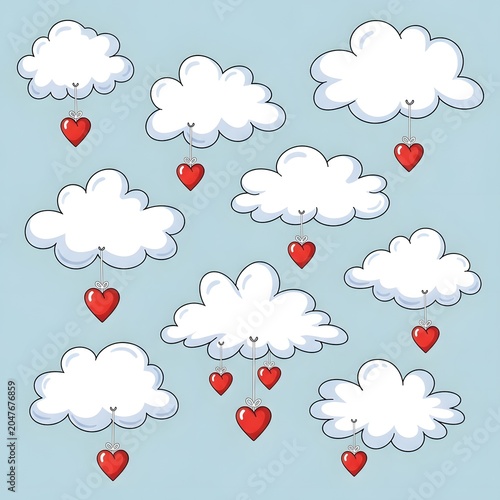 Clouds shaped like fluffy white puffs hang in the sky with red hearts dangling from them by strings.