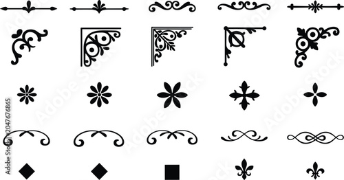 Collection of black decorative vintage corner flourishes page dividers and floral ornaments isolated on a white background for page layout embellishment and border decoration