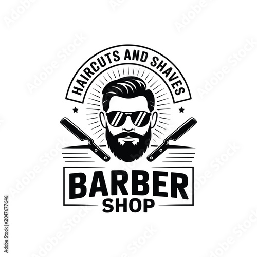 Photos Barber shop emblem with portrait and straight razors black and white vector