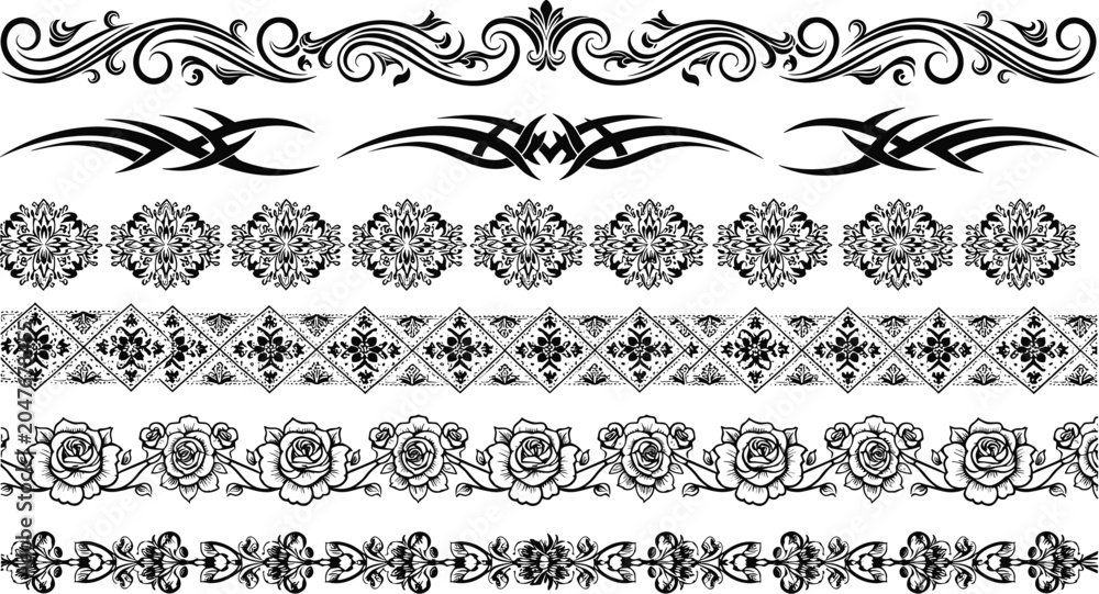 Fototapeta premium Black ornamental border illustration set featuring floral, tribal, filigree, rose, and decorative heart patterns for design projects