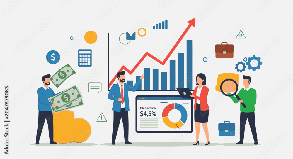 Naklejka premium Business professionals analyze data on a glass jar mockup with graphs