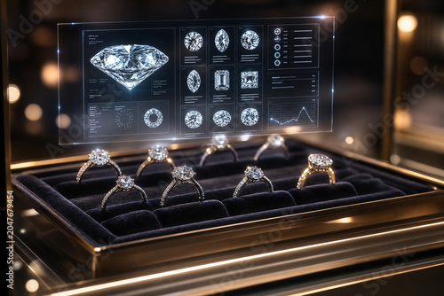 A display case shows several diamond rings arranged neatly on a black surface. Above the rings, a digital screen provides information about the diamonds. The setting is a jewelry store at night.