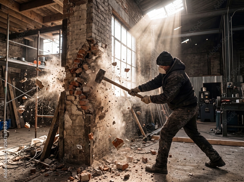 Fototapeta premium Construction Worker Demolishing Brick Wall with Sledgehammer in Industrial Renovation Site