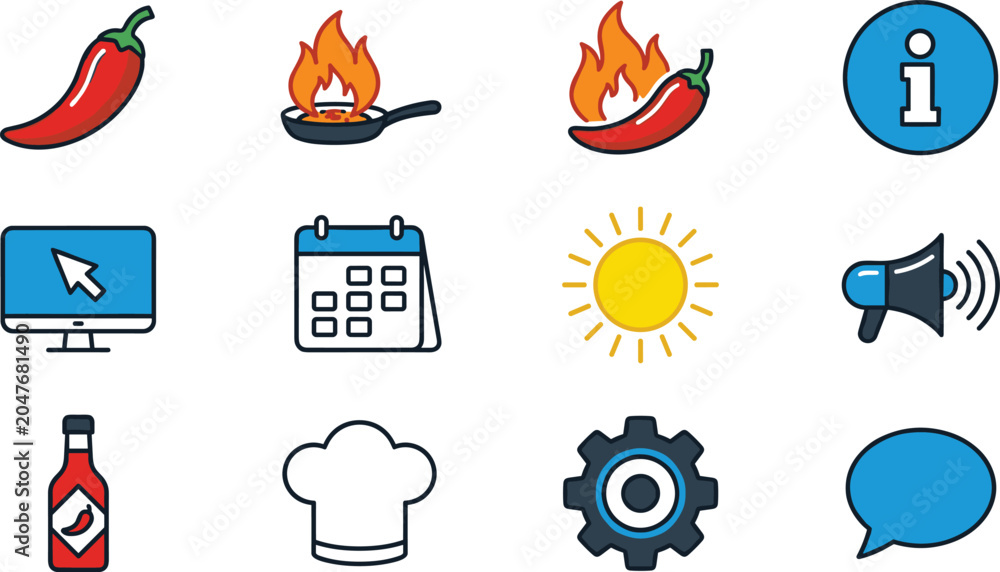 Fototapeta premium Spicy Food and Restaurant Website Interface Icon Set with Chili Pepper Hot Sauce Chef Hat Megaphone Calendar and Settings Symbols for Vector Design