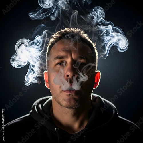 Man exhales thick clouds of vapor against a dark background while wearing a black hooded sweatshirt.