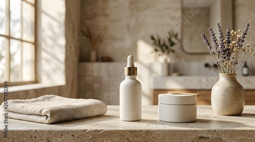 Natural Skincare Products and Towel in a Serene Bathroom Setting.