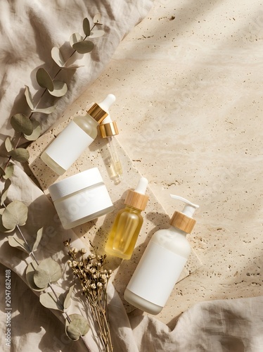 Natural Skincare Products with Eucalyptus Leaves and Dried Flowers.