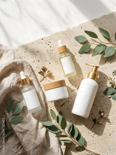 Natural Skincare Products with Eucalyptus Leaves and Sunlight.