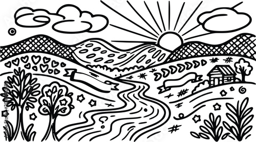 Landscape vector illustration featuring a beautiful scenic countryside with rolling hills a flowing river a small cabin and sunrise