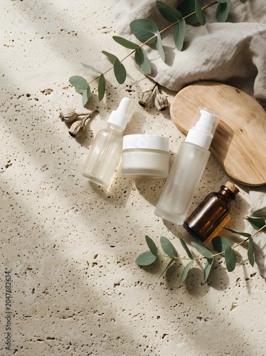 Natural Skincare Products with Eucalyptus Leaves on Textured Stone Background.