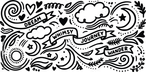 Doodle vector illustration featuring whimsical hand drawn elements like moon stars clouds and decorative ribbons with inspirational text for design