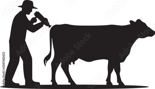 Black silhouette of man milking cow
