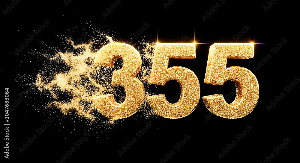 Vibrant digital illustration of the number 355 with a golden glow and explosion effect, set against a dark backdrop for high contrast.