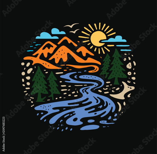 Colorful mountain landscape with river and sun vector, AI, Illustartion