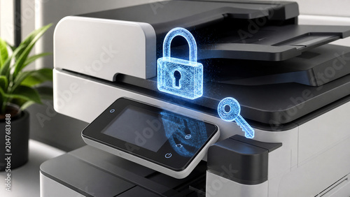 Close-up of modern multifunction printer with digital security lock icons on touchscreen in office setting